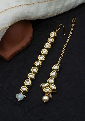 Set Of 2 Gold Plated Kundan Studded And Pearl Beaded Maangtikka