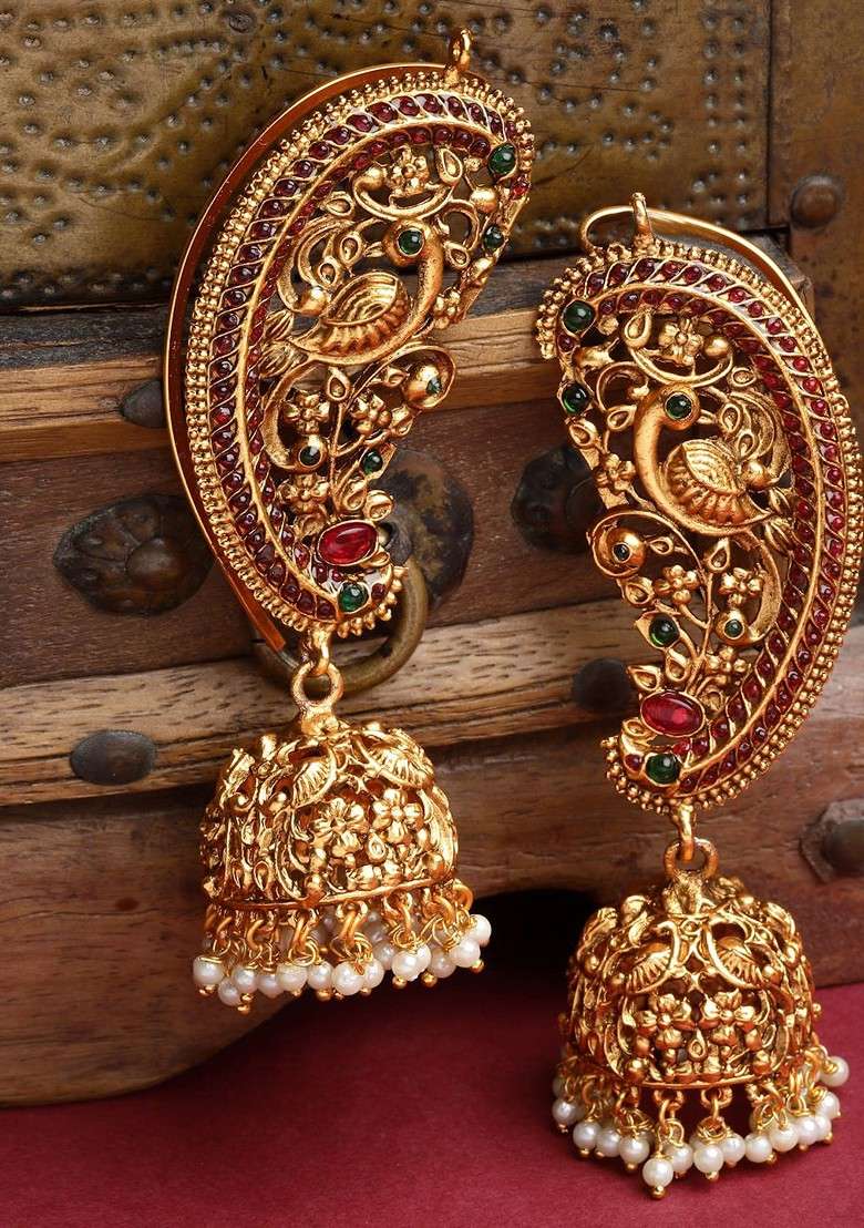 Gold Plated Pearl And Stone Studded Peacock Shaped Ear Cuff Earrings - Indya