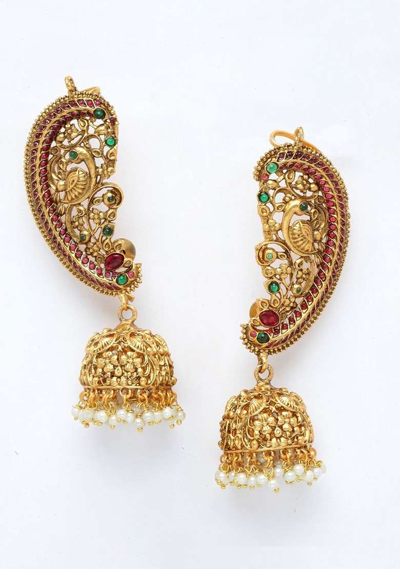 Gold Plated Pearl And Stone Studded Peacock Shaped Ear Cuff Earrings - Indya