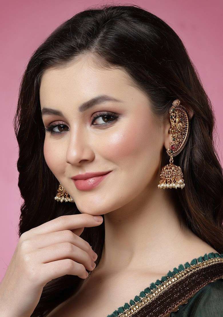 Gold Plated Pearl And Stone Studded Peacock Shaped Ear Cuff Earrings - Indya