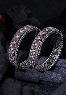 Set Of 2 Oxidised Silver Plated Kundan And Stone Studded Bangles