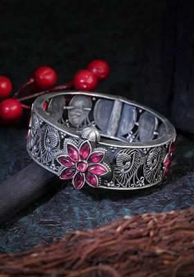 Silver Plated Oxidised Stone Studded Bangle