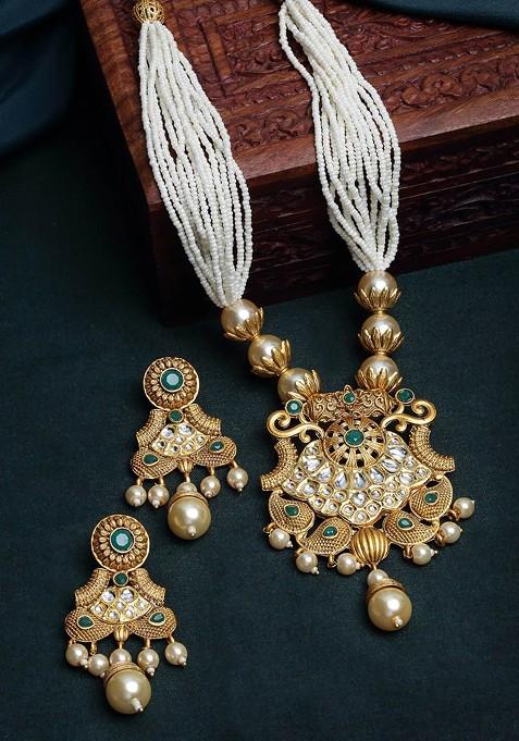 Antique Kundan And Pearls Handcrafted Jewellery Set