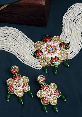 Gold Plated Antique Kundan And Pearls Handcrafted Jewellery Set