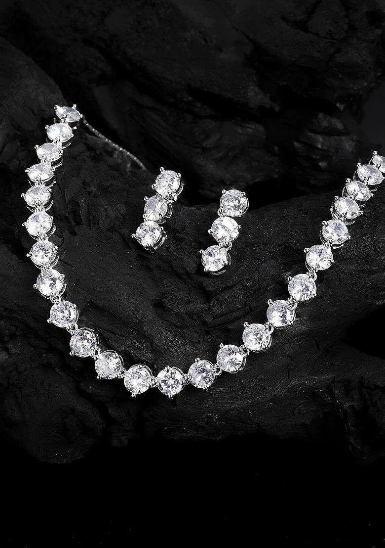 Rhodium Plated And AD Stone Studded  Jewellery Set - Indya