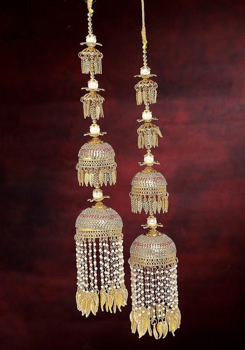 Set of 2 Gold Plated CZ Studded And Beaded Layered Bridal Kaleeras