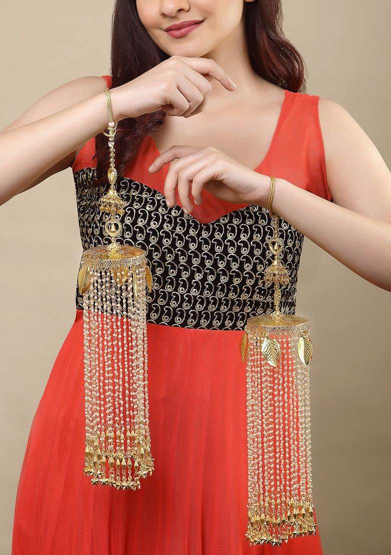 Set Of 2 Gold Plated Pearl Beaded Bridal Kaleera - Indya
