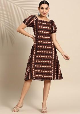 Square Neck Puff Sleeves Printed A-Line Dress With Cut-Out Back