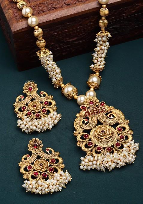 Gold Plated Stone Studded Peacock Pearls Jewellery Set