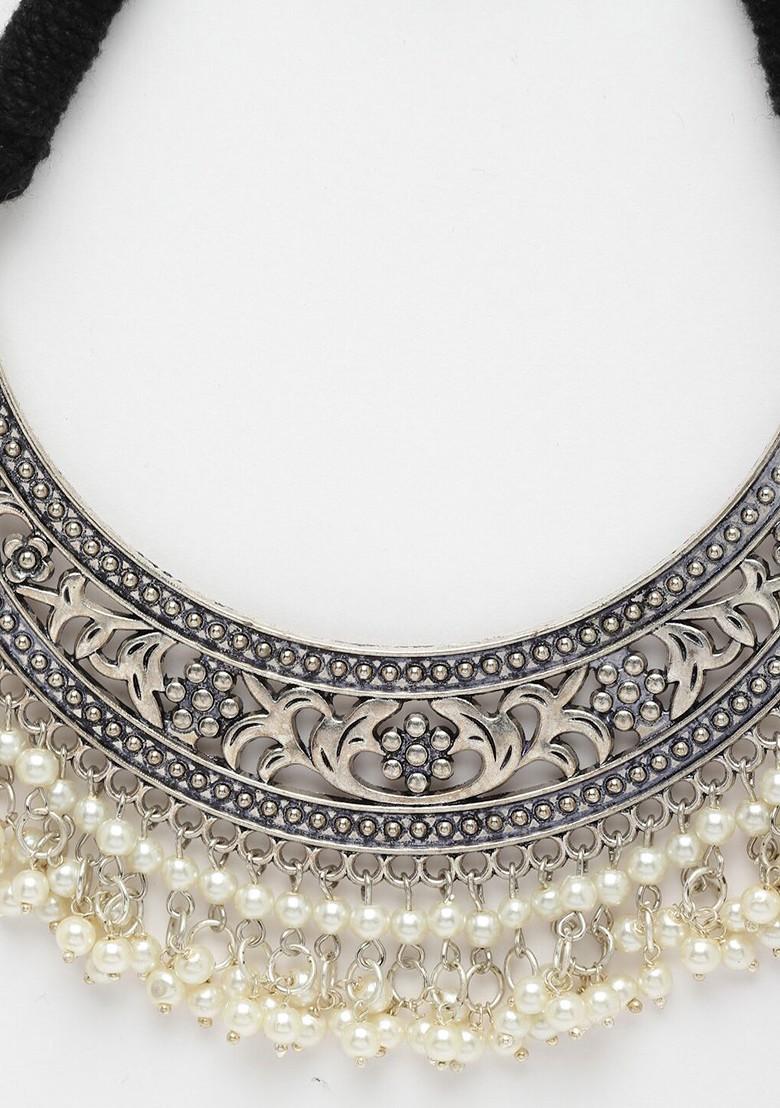 Oxidised Silver Plated Pearl Cresent Shaped Choker Necklace - Indya