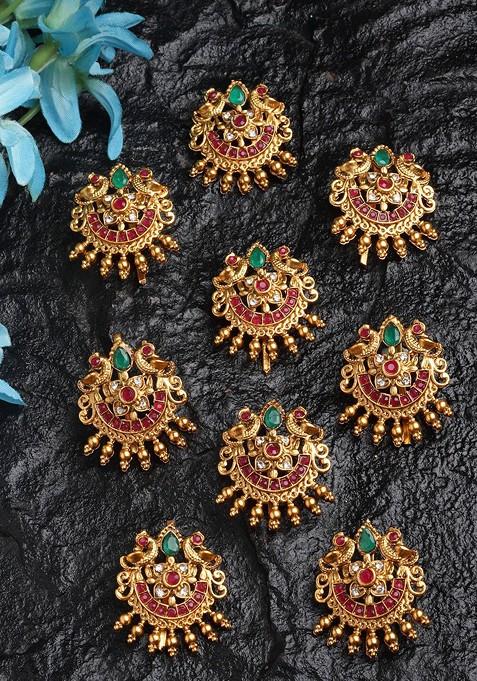 Set of 9 Gold Plated Peacock Stone Studded Hair Pin