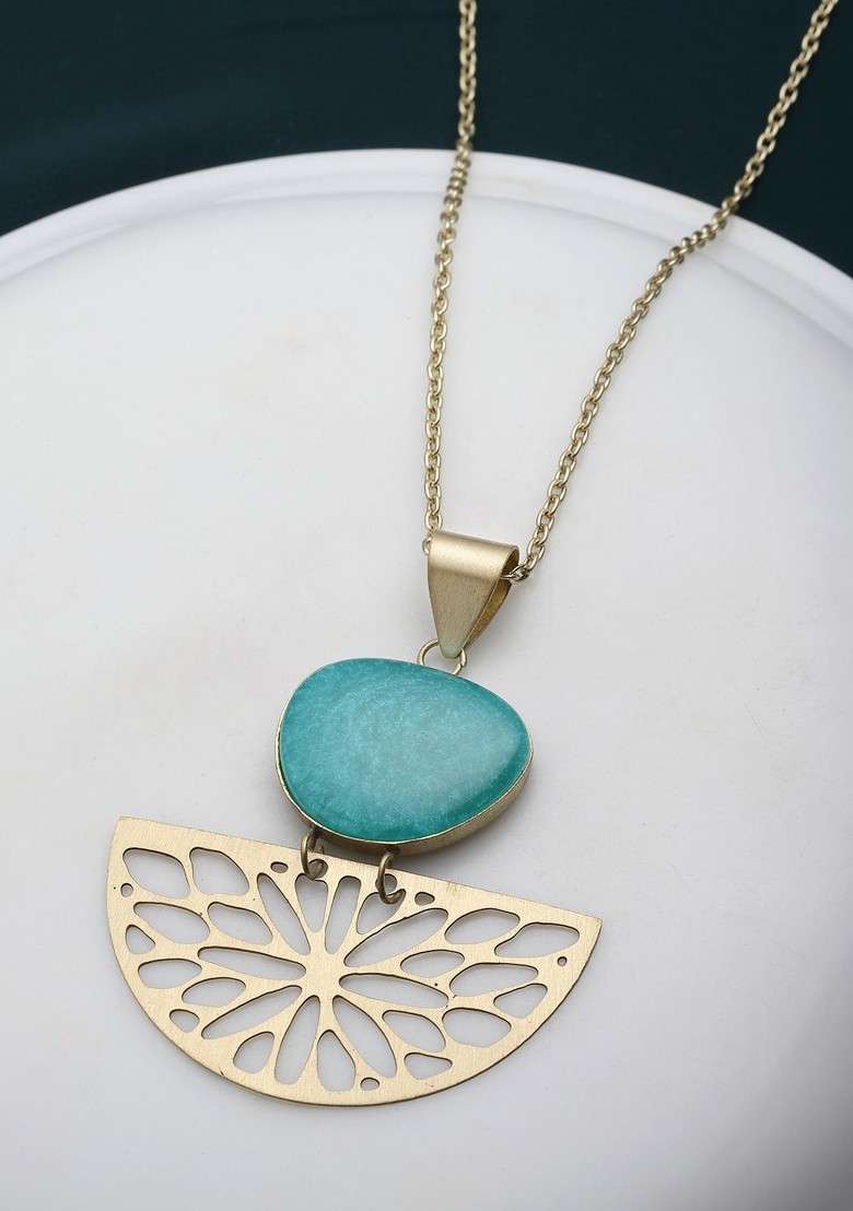 Gold Plated Stone Studded Pendant With Chain - Indya