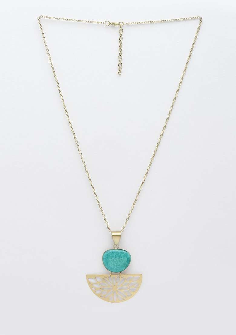 Gold Plated Stone Studded Pendant With Chain - Indya