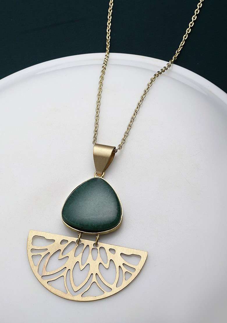 Gold Plated Stone Studded Pendant With Chain - Indya