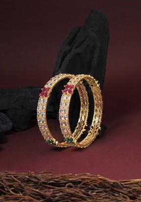 Set Of 2 24 CT Gold Plated Cz Stone Studded Bangles