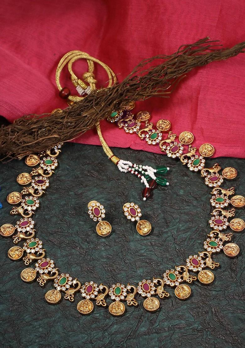 24 CT Gold Plated Stone Studded Temple Jewellery Set