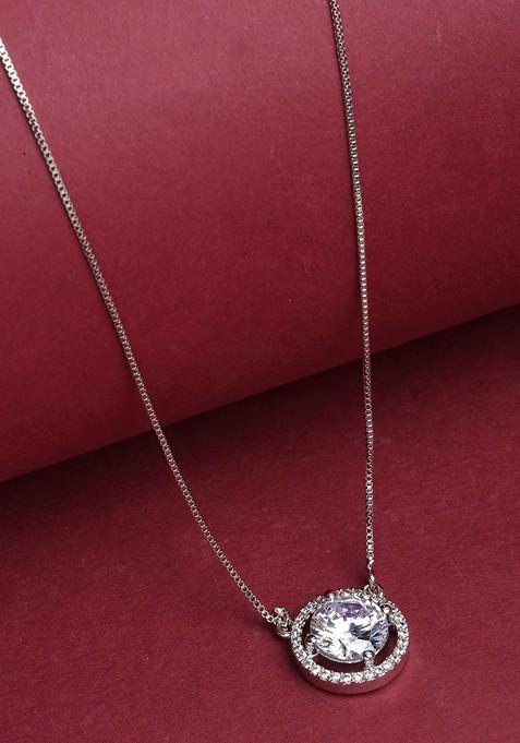 Silver Plated CZ Studded Circular Solitaire Pendant With Chain