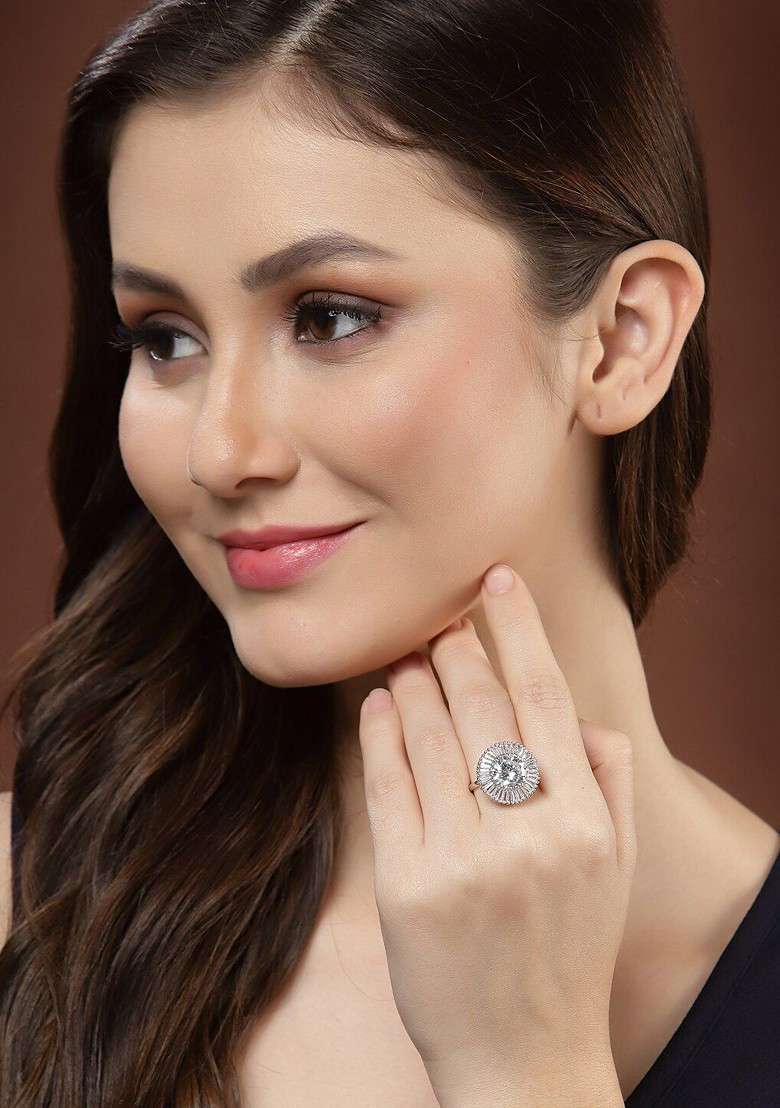 Women Silver Plated And AD Studded Adjustable Finger Ring - Indya