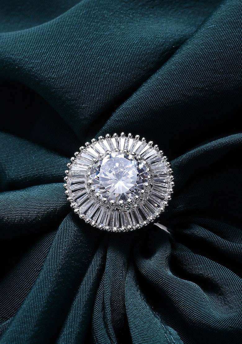 Women Silver Plated And AD Studded Adjustable Finger Ring - Indya