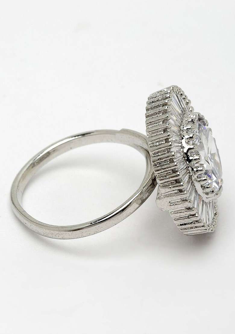 Women Silver Plated And AD Studded Adjustable Finger Ring - Indya