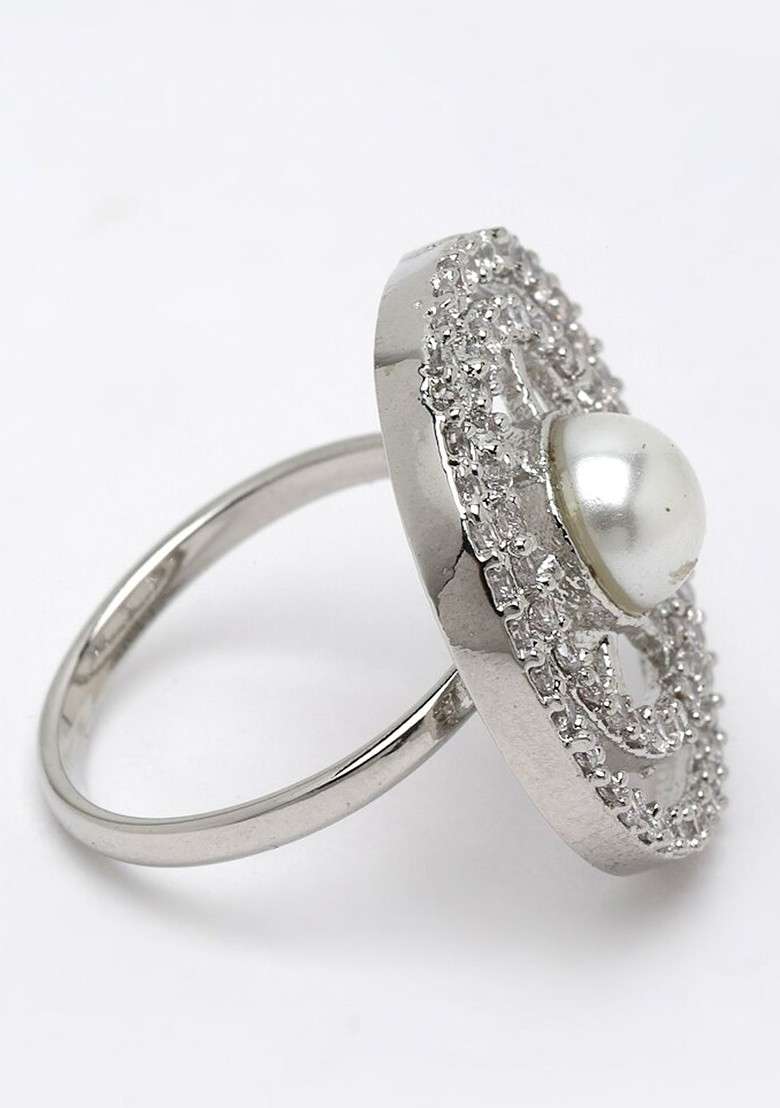 Women Silver Plated AD Studded Solitaire Finger Ring - Indya