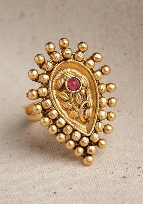 Gold Plated Stone Studded Adjustable Finger Ring