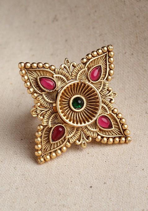 Gold Plated Stone Studded Adjustable Finger Ring