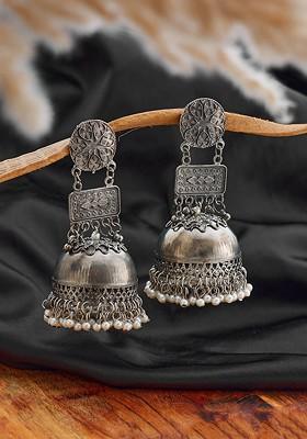 Silver Plated Contemporary Pearl Beaded Jhumkas Earrings
