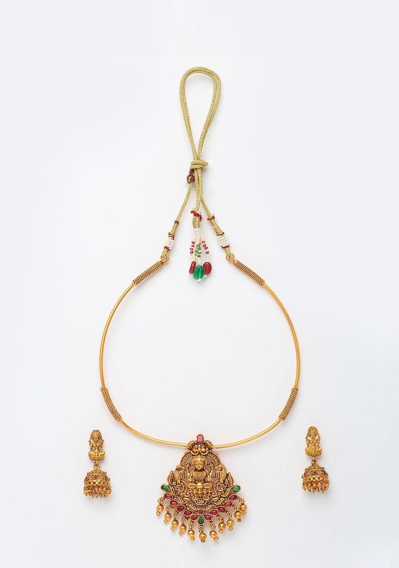 Women Gold Plated Stone Studded And Beaded Necklace and Earrings