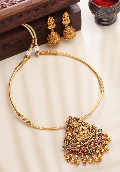 Women Gold Plated Stone Studded And Beaded Necklace and Earrings