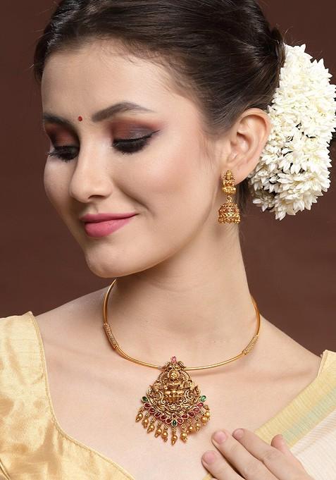 Women Gold Plated Stone Studded And Beaded Necklace and Earrings