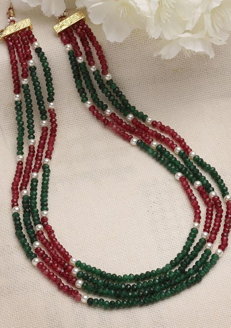 Gold Plated Red And Green Multilayered beaded Necklace - Indya