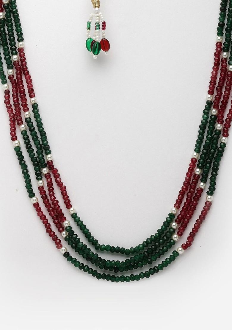 Gold Plated Red And Green Multilayered beaded Necklace - Indya