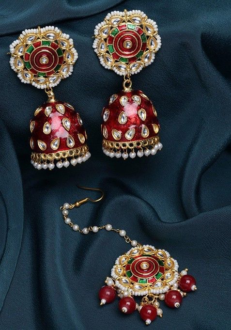 Gold Plated Meenakari Kundan Studded And Beaded Head Jewellery Set