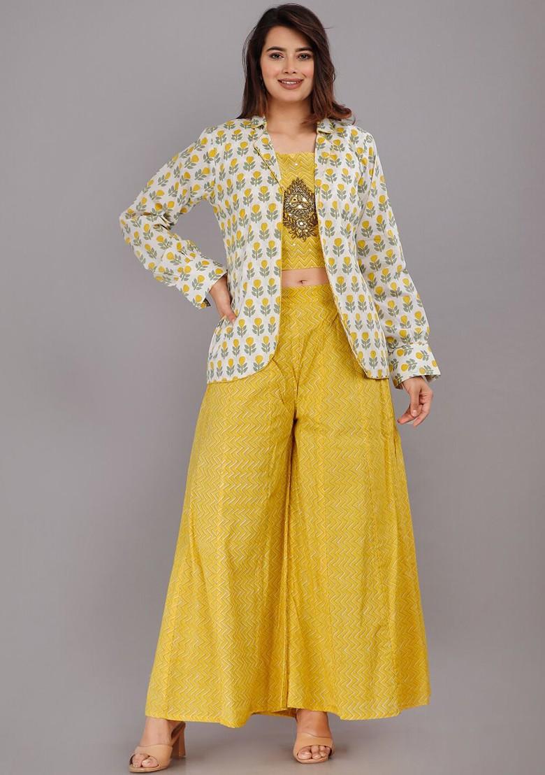 Buy Women Women Printed Cotton Crop Top And Palazzo With Jacket