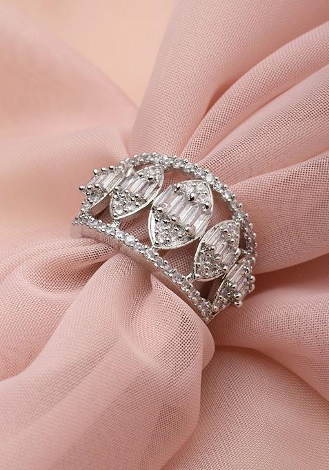 Silver Plated Solitaire CZ Stone Studded Adjustable Finger Ring