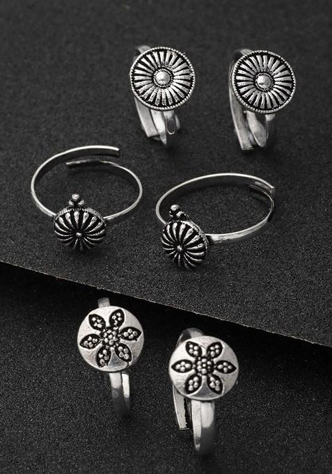 Set of 3 Pair Oxidised Silver Toned Adjustable Toe Rings