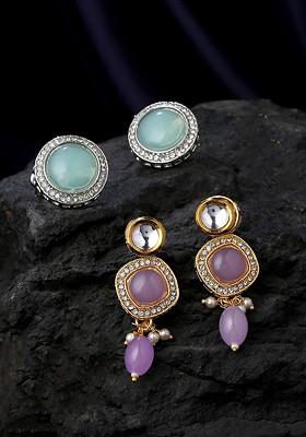 Set Of 2 Gold Plated Contemporary Stone Studded Drop Earrings