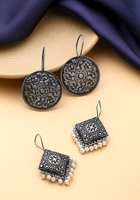 Set Of 2 Silver Plated Oxidised Moti Beaded Contemporary Drop Earrings