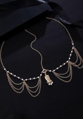 Gold Plated Stone Studded And Pearl Beaded Layered Head Chain