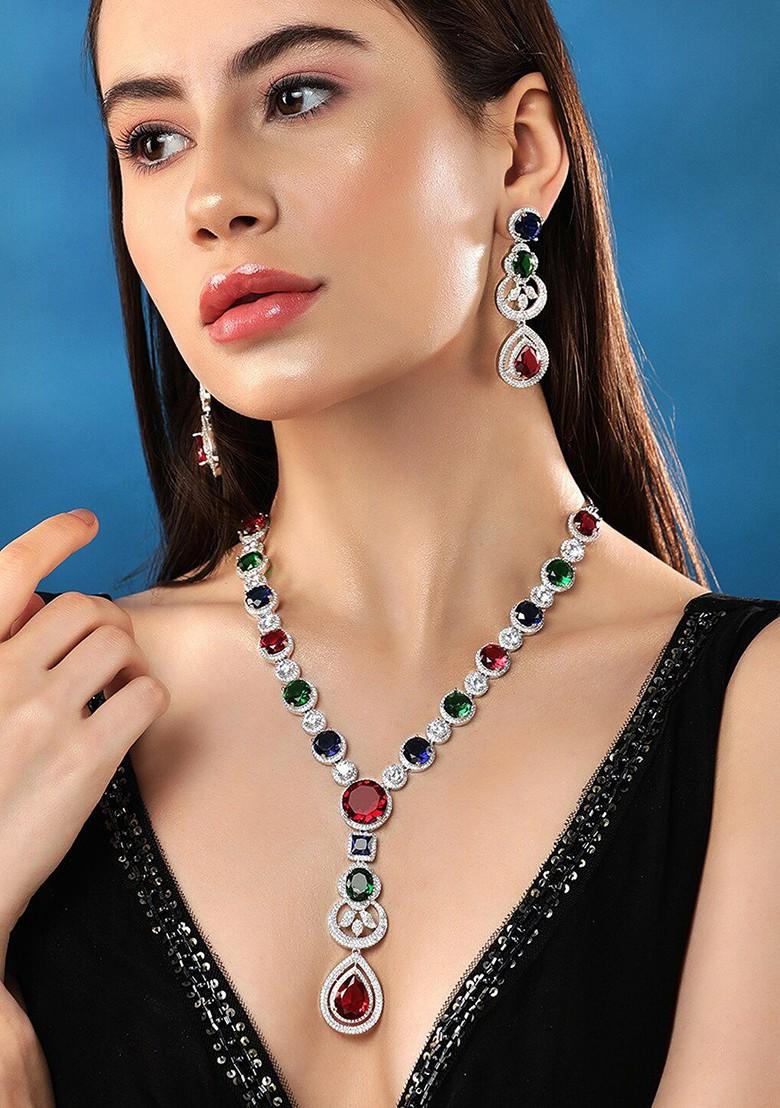 Rhodium Plated Stone Studded Jewellery Set