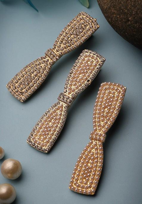 Women Set Of 3 Gold Plated Embellished CZ Studded Alligator Hair Clips