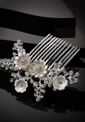 Women Silver Plated CZ Stone Studded Metal Floral Comb Pin