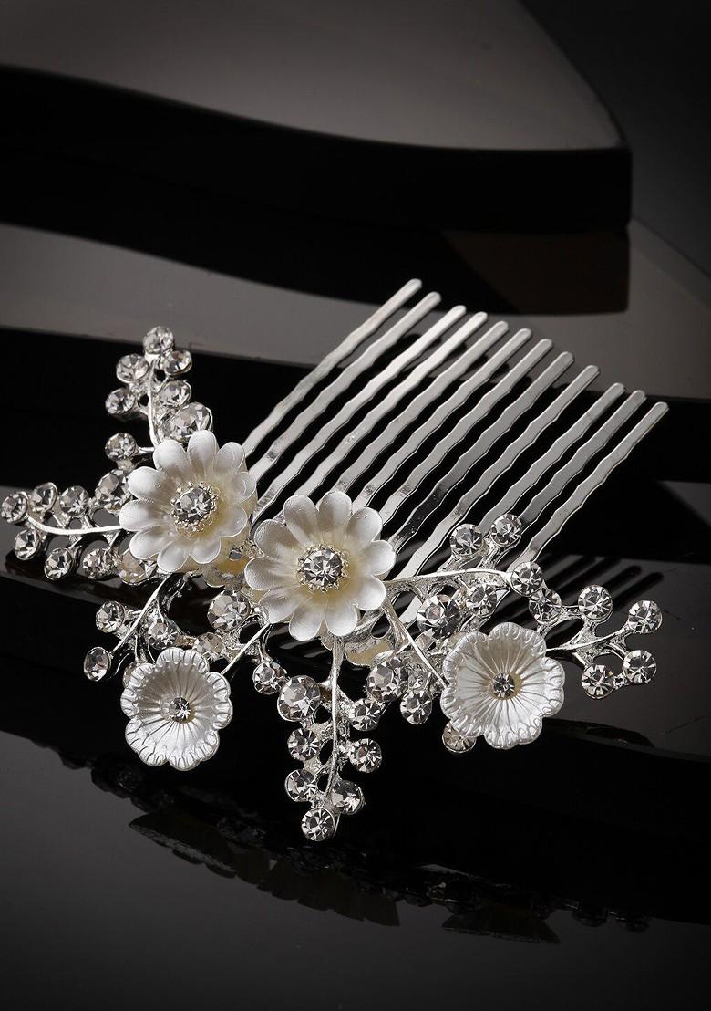 Women Silver Plated CZ Stone Studded Metal Floral Comb Pin