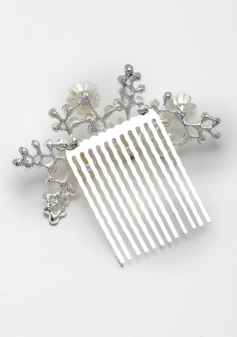 Women Silver Plated CZ Stone Studded Metal Floral Comb Pin