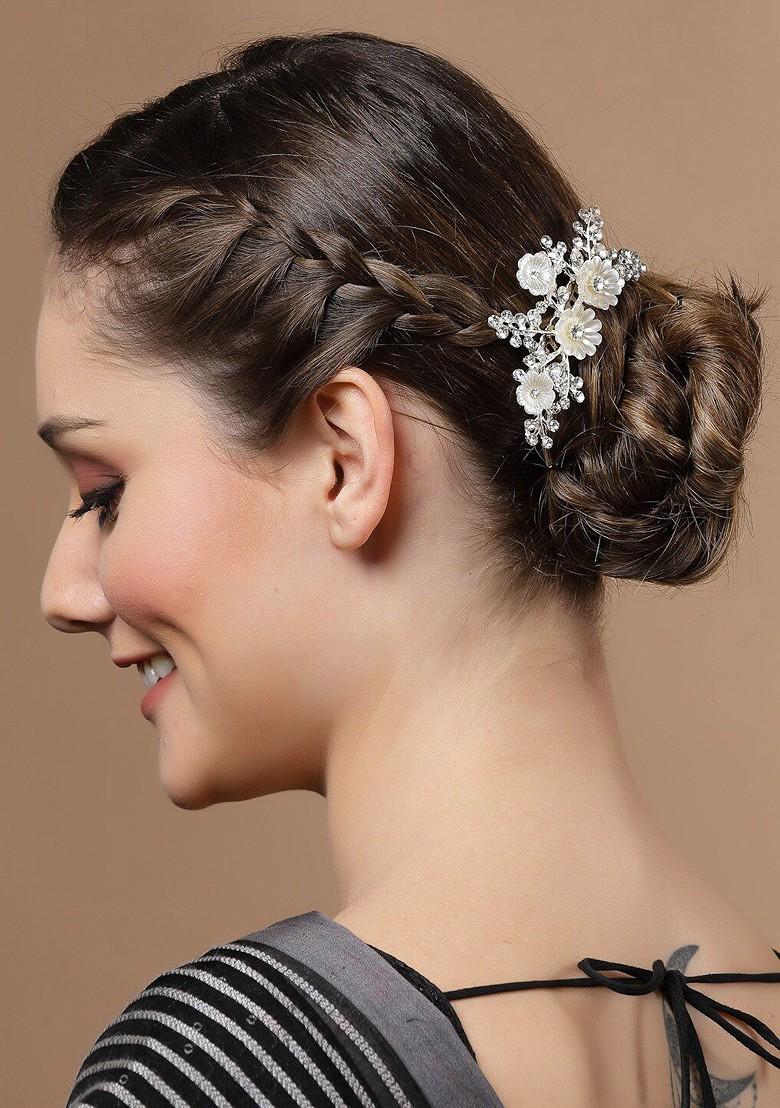 Women Silver Plated CZ Stone Studded Metal Floral Comb Pin