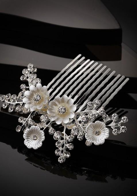 Women Silver Plated CZ Stone Studded Metal Floral Comb Pin