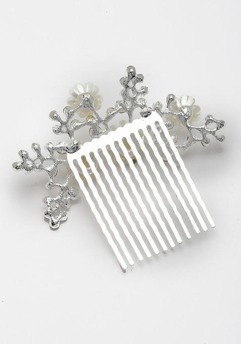 Women Silver Plated CZ Stone Studded Metal Floral Comb Pin
