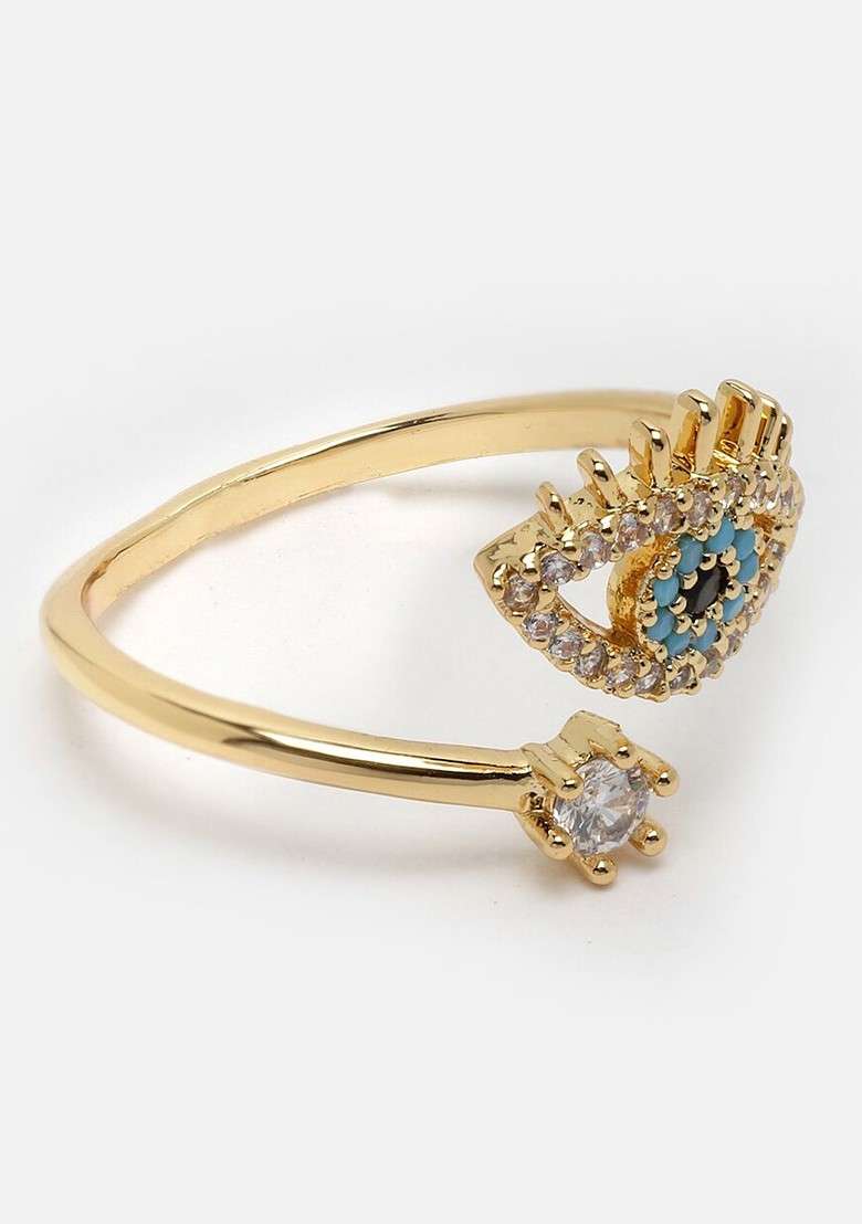 Gold Plated AD Studded Evil Eye Adjustable Finger Ring - Indya
