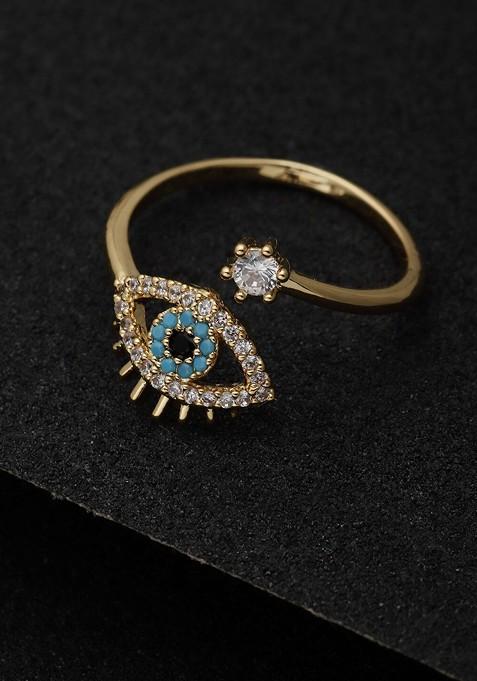 Gold Plated AD Studded Evil Eye Adjustable Finger Ring